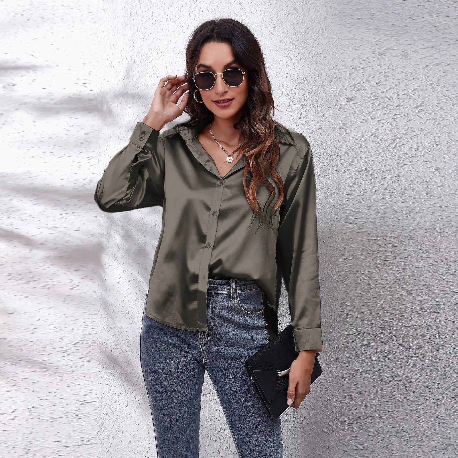 Elegant Long Sleeve Silk Tops  Shirt