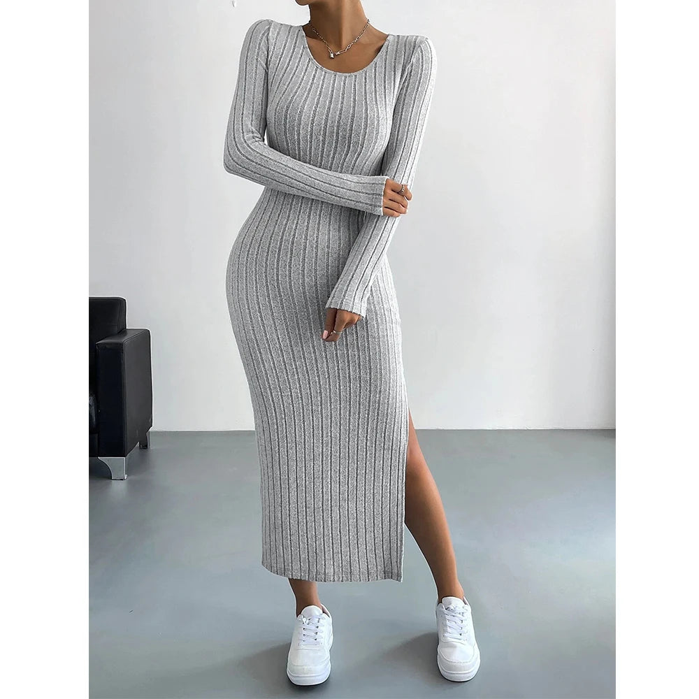 Stripe Split Long Sleeve Scoop Casual Dresses