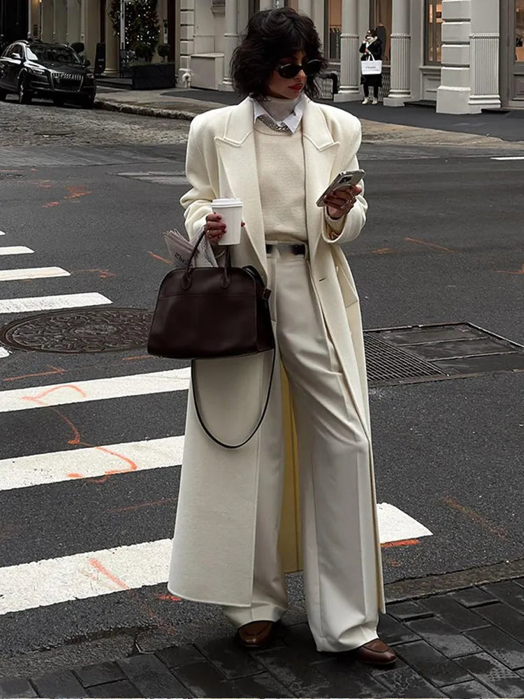 Elegant White Woolen Blend Trench Long Coat