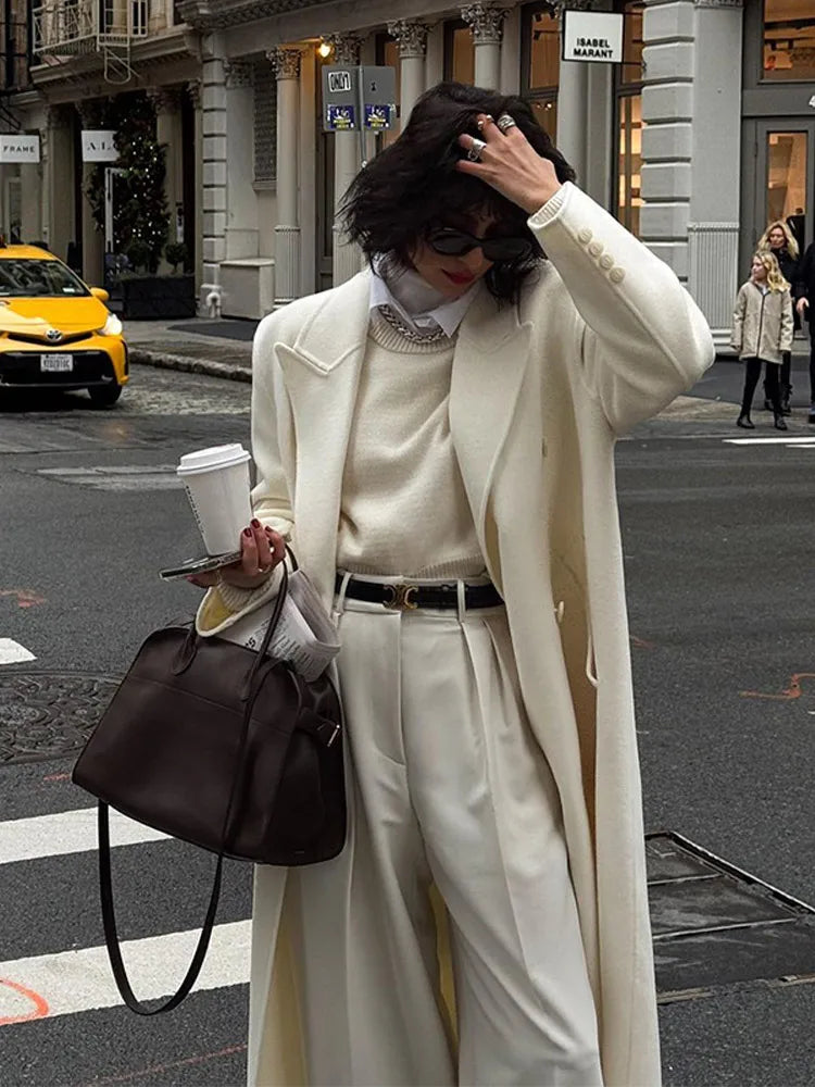 Elegant White Woolen Blend Trench Long Coat