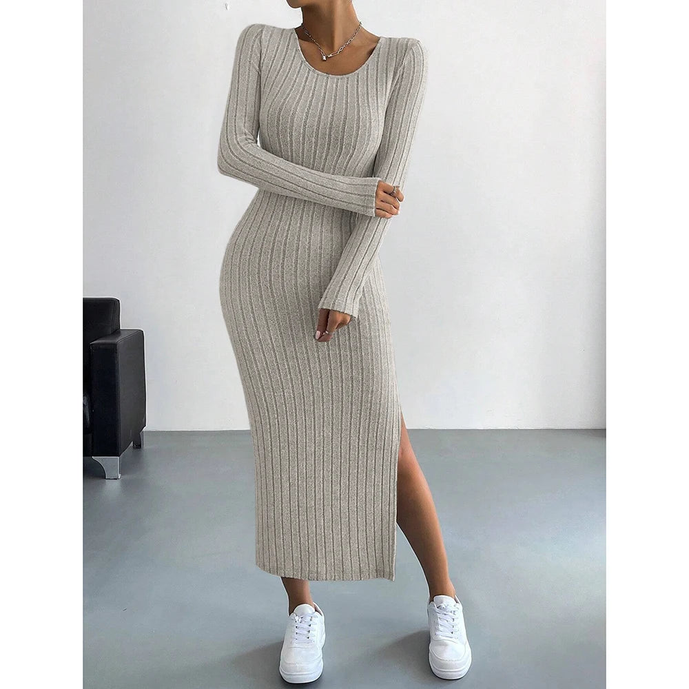 Stripe Split Long Sleeve Scoop Casual Dresses