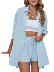 Short Sleeve Button Down Oversized  Shorts