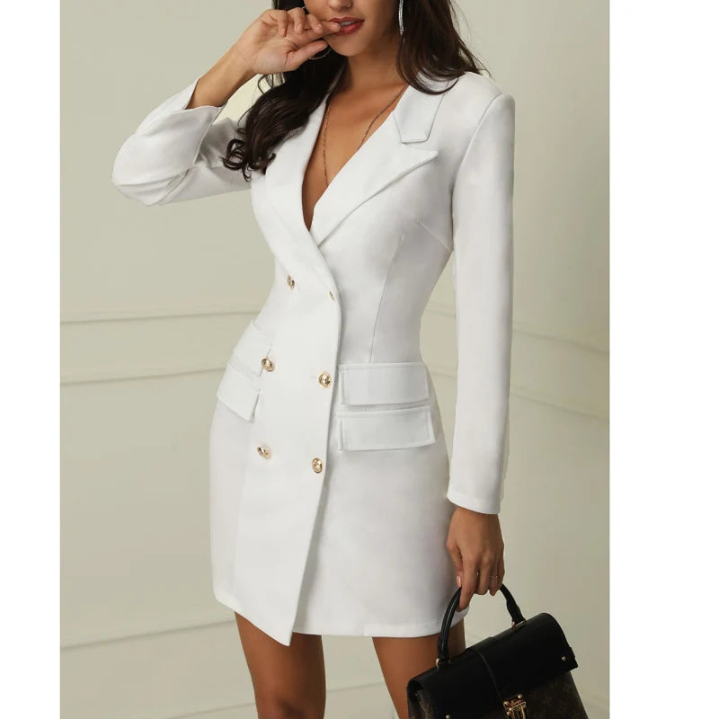 Suit Casual Double  Breasted Pocket Women Long Blazer