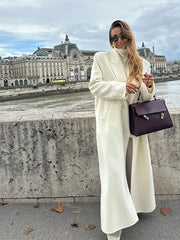 Elegant White Woolen Blend Trench Long Coat