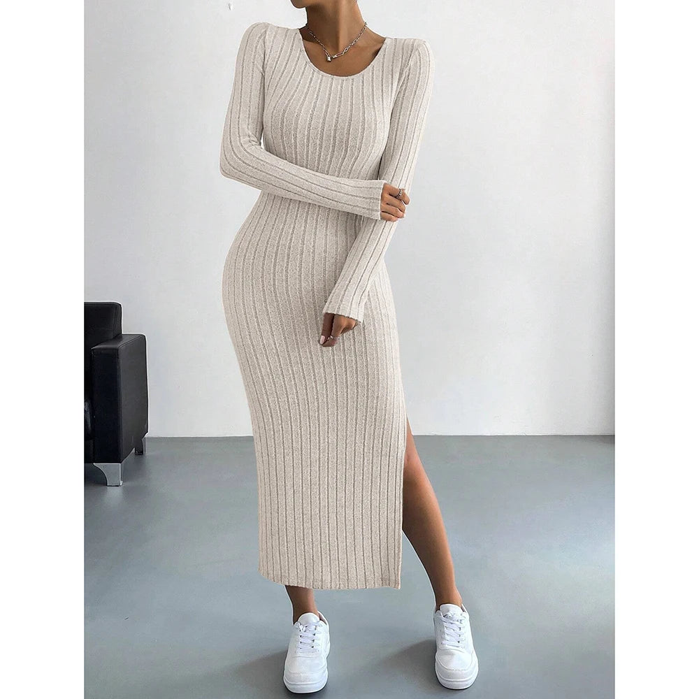 Stripe Split Long Sleeve Scoop Casual Dresses