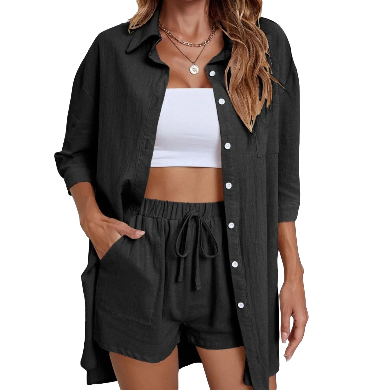 Short Sleeve Button Down Oversized  Shorts