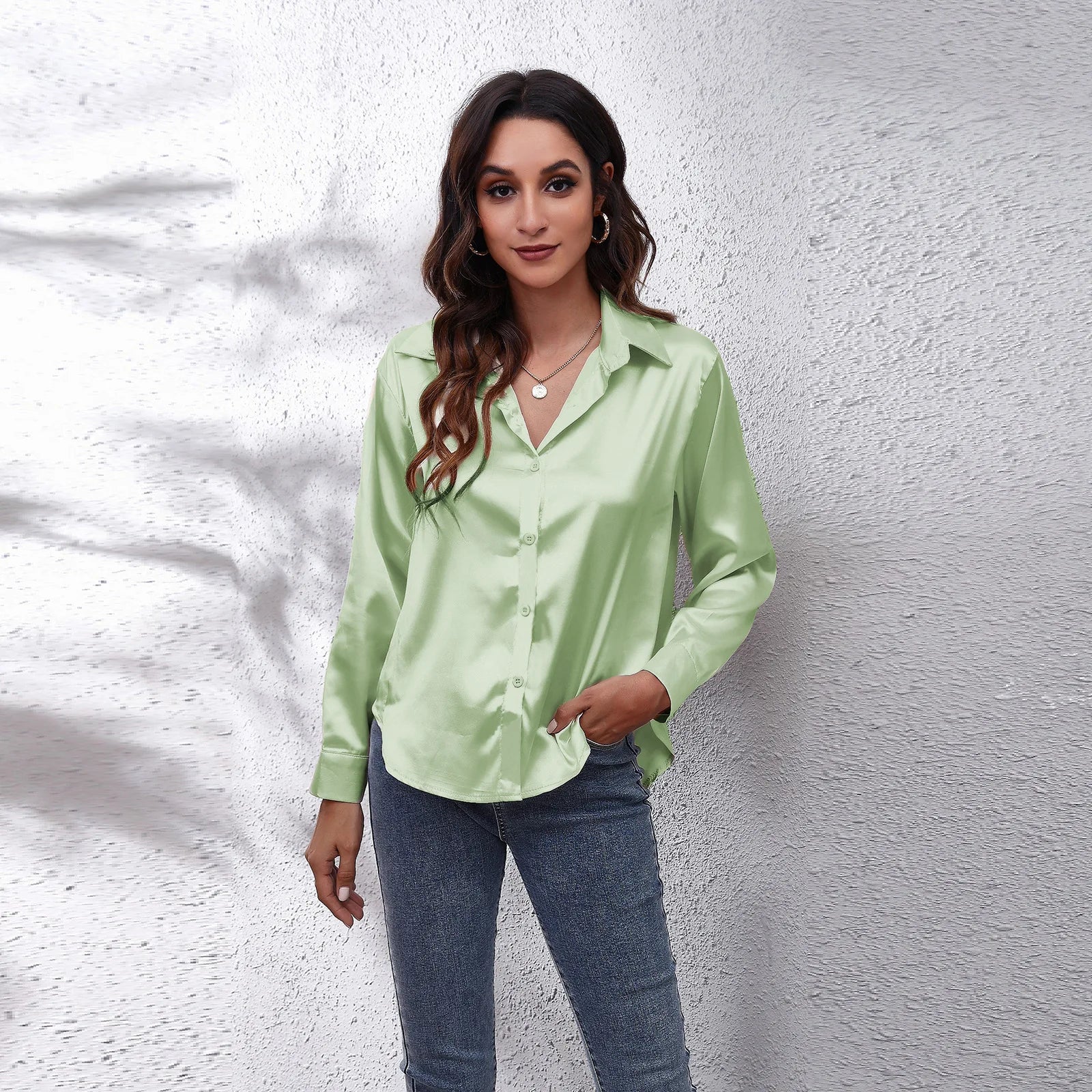 Elegant Long Sleeve Silk Tops  Shirt