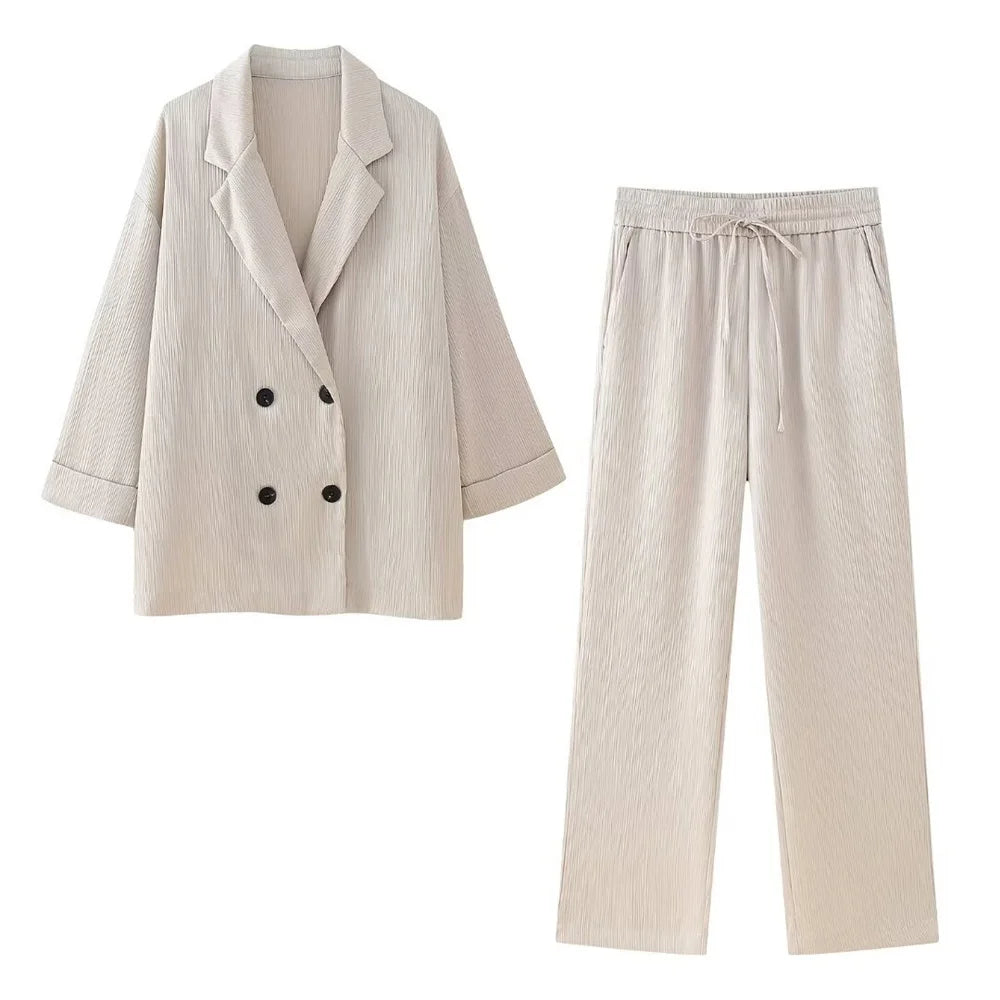 Wrinkle Effect Double Breasted Suit Jacket Pants Set