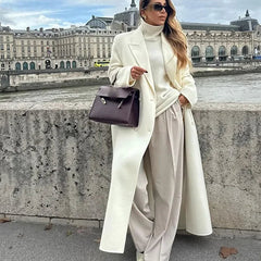 Elegant White Woolen Blend Trench Long Coat