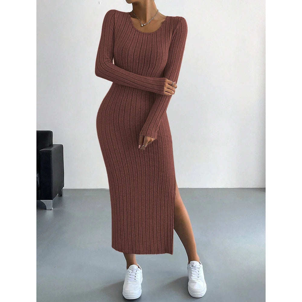 Stripe Split Long Sleeve Scoop Casual Dresses