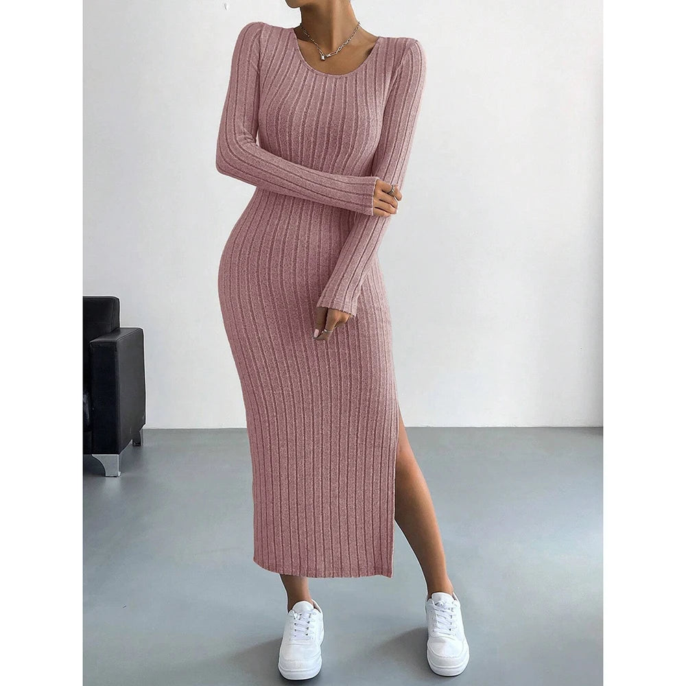 Stripe Split Long Sleeve Scoop Casual Dresses